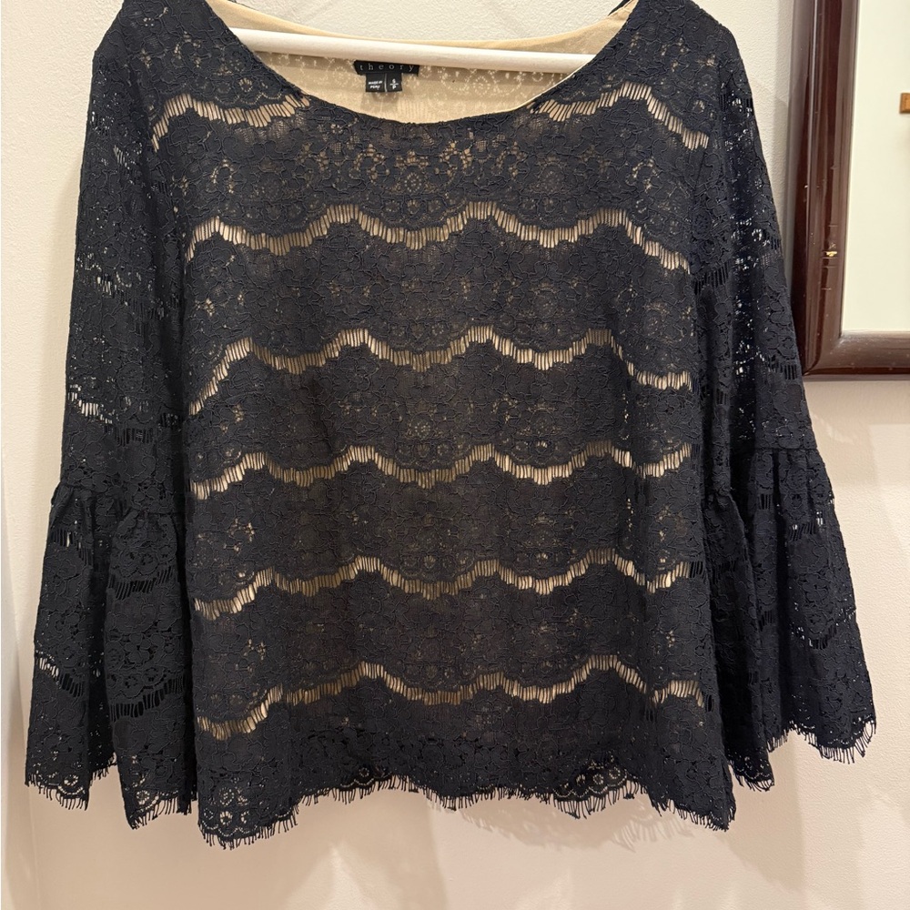 Theory Black Lace Eyelash Top Bell Sleeve Small